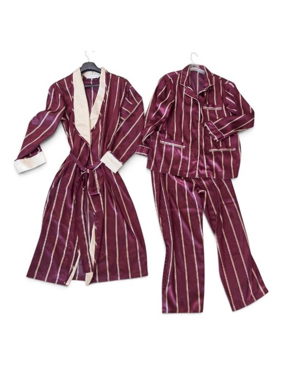 Victoria's Secret Other - Vintage Victoria's Secret  Satin Pajama Set Size L Burgundy Striped 3 Pieces 90s